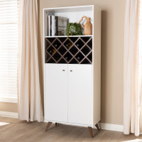 Baxton Studio SEWC16001WI-White/Columbia Serafino Mid-Century Modern White and Walnut Finished Wood Wine Cabinet